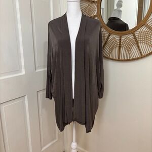 Chicos Travelers Slinky Knit‎ Cardigan SZ 2 (12) Putty Brown Open Tunic Capsule